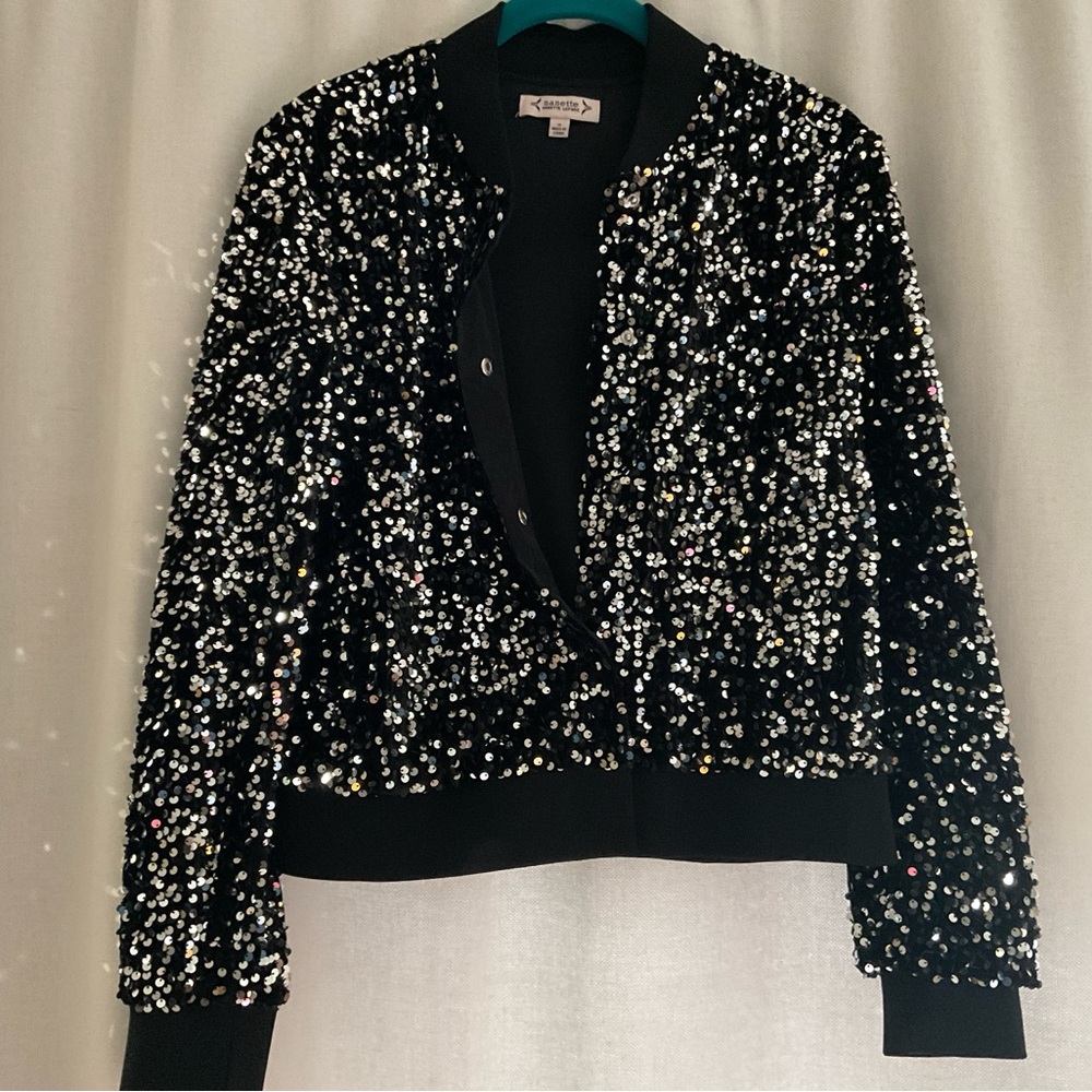 Nanette Lepore Sequin Black Bomber Jacket